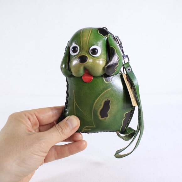 Green leather dog coin purse, small leather zippered puppy pouch, dog wallet - Picture 3 of 10